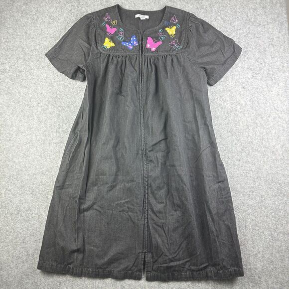 Go Softly Patio House Dress Mumu L Black Denim Embroidered Butterfly Pockets Zip - Picture 1 of 13